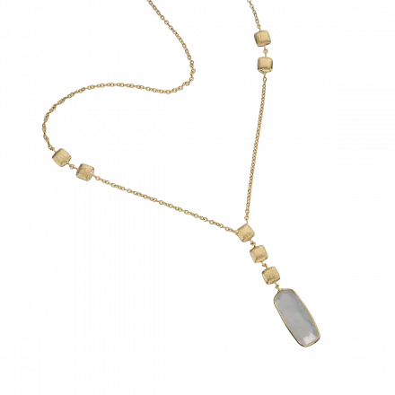 14k Gold Necklace with gold squares and elongated Milky Aquamarine Stone Pendant in gold setting
