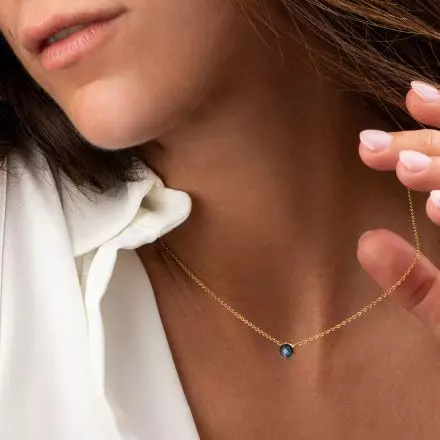 14k Gold Necklace with Special Cut London Blue Topaz in gold setting in the center