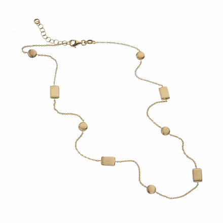 14k Gold Necklace with 5 frosted gold circles and 4 frosted gold rectangles along it