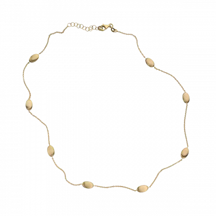 14k Gold Necklace with 8 frosted gold oval shapes along it