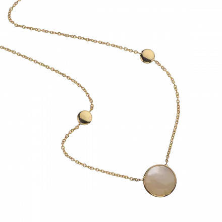 14k Gold Necklace with 2 gold domes and Mother of Pearl in gold setting between them