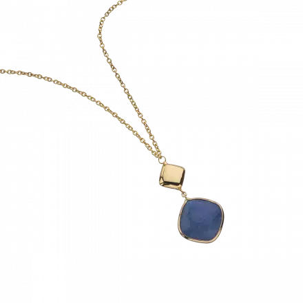 14k Gold Necklace with center diamond-shaped blue Chalcedony Gemstone in gold setting