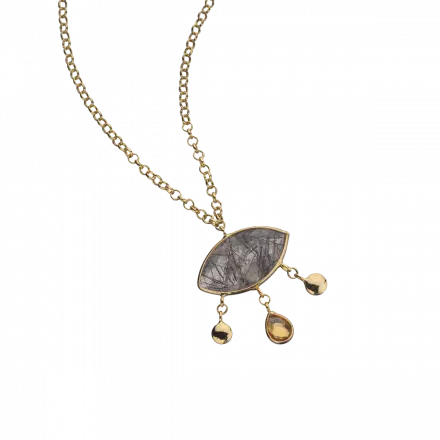 14k Gold Necklace with Marquise Black Rutile Quartz Pendant in gold setting and Citrine droplet dangle