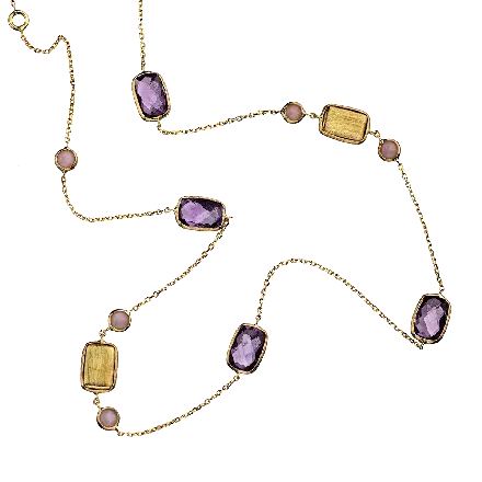 14k Gold Necklace mounted with Opal and Amethyst