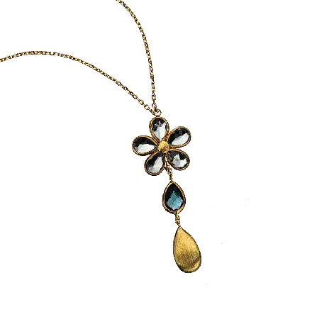 14k Gold Blue Topaz Flower Pendant Necklace