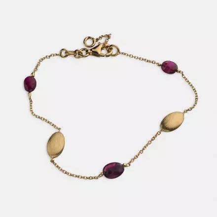 14k Gold Bracelet with small, round links and adorned with Rhodolite Stones and three-dimensional gold elements