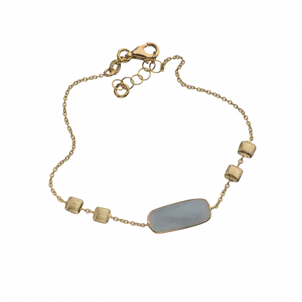 14k Gold Bracelet with 4 gold squares and Milky Aquamarine Stone in gold setting in the center