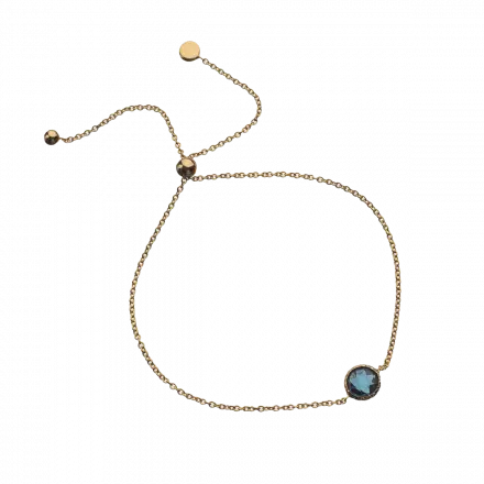 14k Gold Tie Clasp Bracelet with Special Cut London Blue Topaz in gold setting in the center