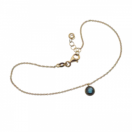 14k Gold Foot Chain with dangling round London Blue Topaz in gold setting in the center