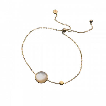 14k Gold Tie Clasp Bracelet with gold dome and beside it, Mother of Pearl in gold setting