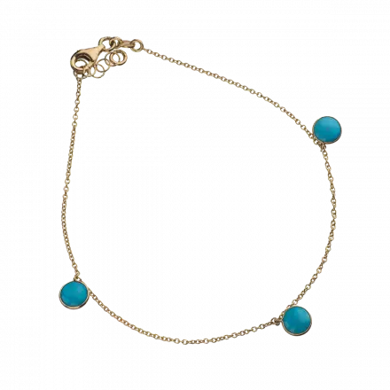 14k Gold Foot Chain with 3 dangling Turquoise Stones in gold settings along it
