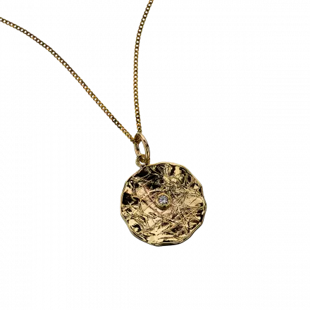 14k Gold Hammered Circle Necklace with diamonds