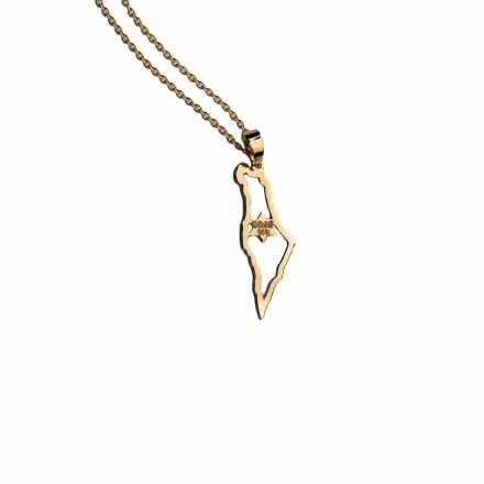 14K Gold Necklace Israel Map Contour and Star of David in The Middle