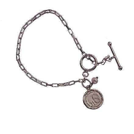 Silver Rectangular Link Bracelet with "Bat Mitzva" Medal and Pearl