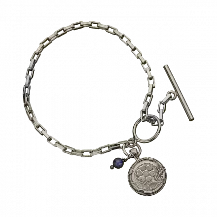 Silver Rectangular Link Bracelet with "Go in Peace" Medal