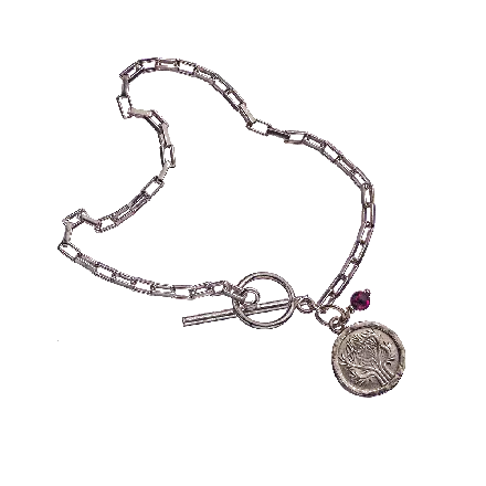 Silver Rectangular Link Bracelet with "Tree of Life" Medal and Garnet
