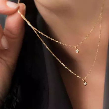 14K Gold Double Necklace, Diamonds 0.06ct