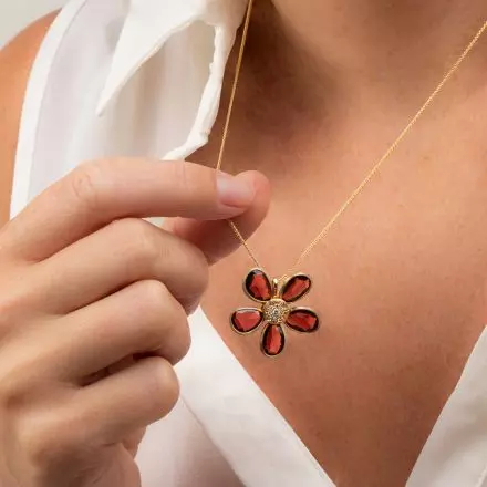 14k Gold Necklace with Garnet Flower Pendant with center Diamonds