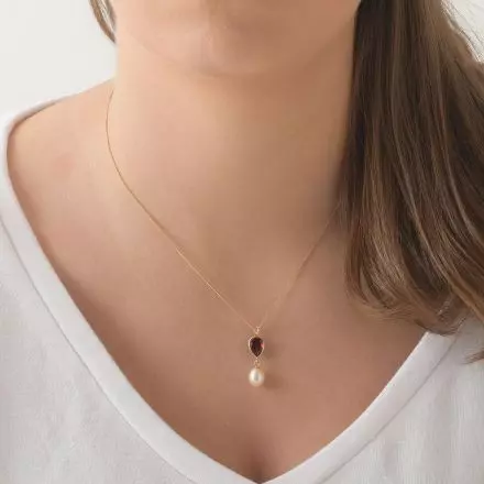 9K Gold Necklace with Drop Shape Garnet and Pearl