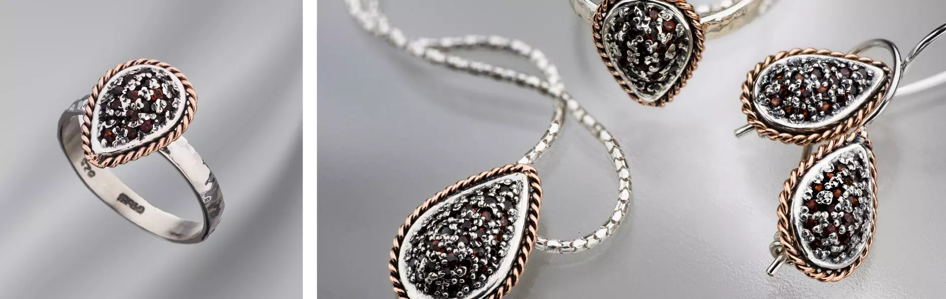 925 Sterling Silver & 9K Gold Jewelry set with Garnet