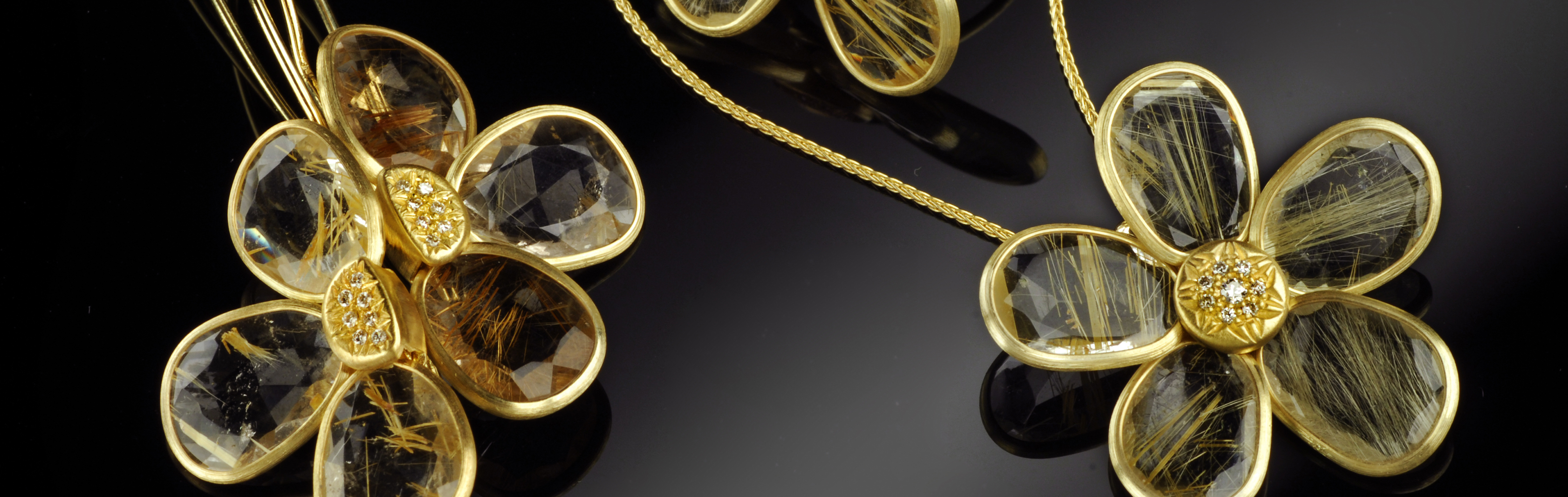 Golden Flower Collection | 14K Gold Jewelry with Rutile Quartz and Diamonds