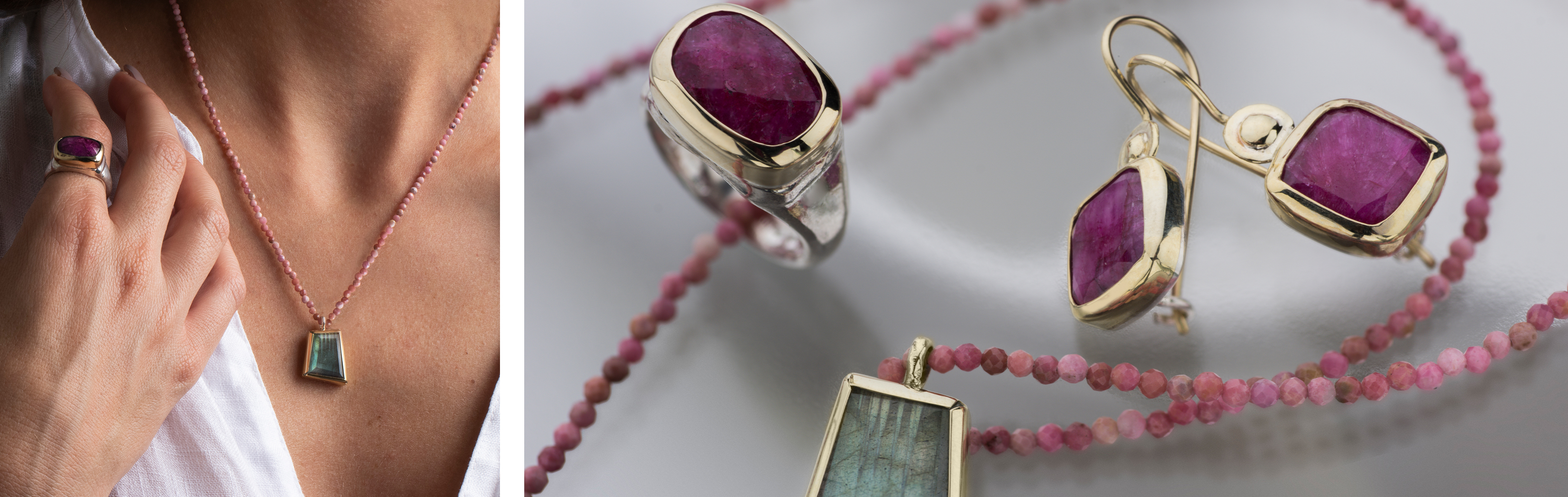 Peony Collection | 925 Silver & 9K Gold Jewelry with Ruby and Rhodonite