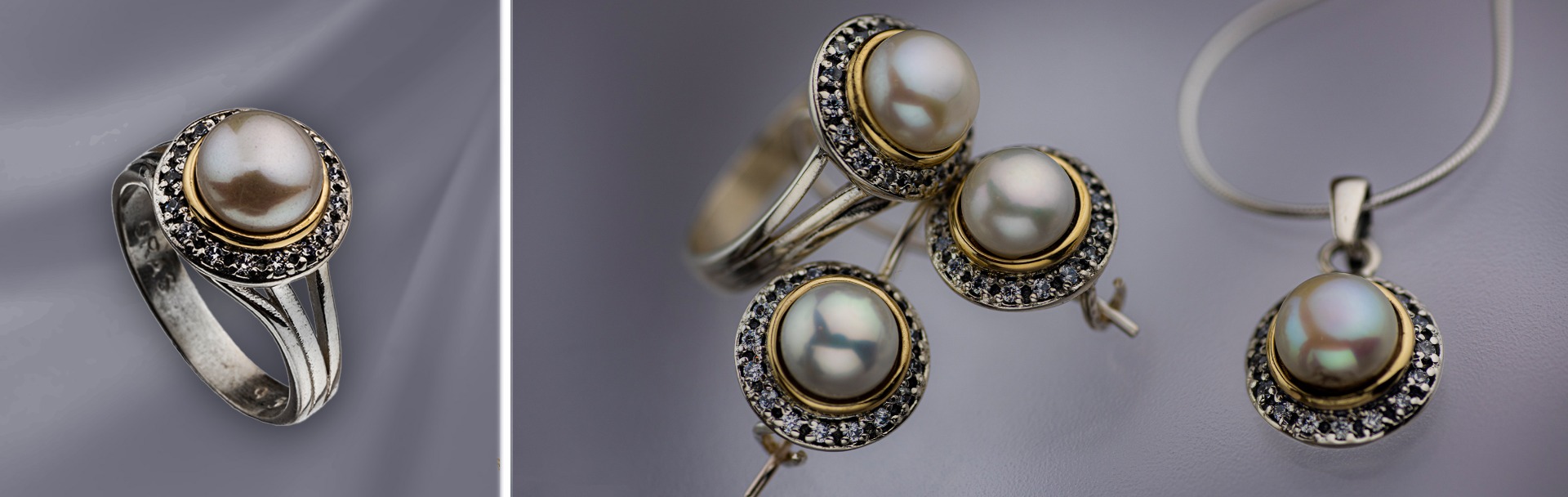 925 Sterling Silver & 9K Gold Jewelry with Pearl and Zircons