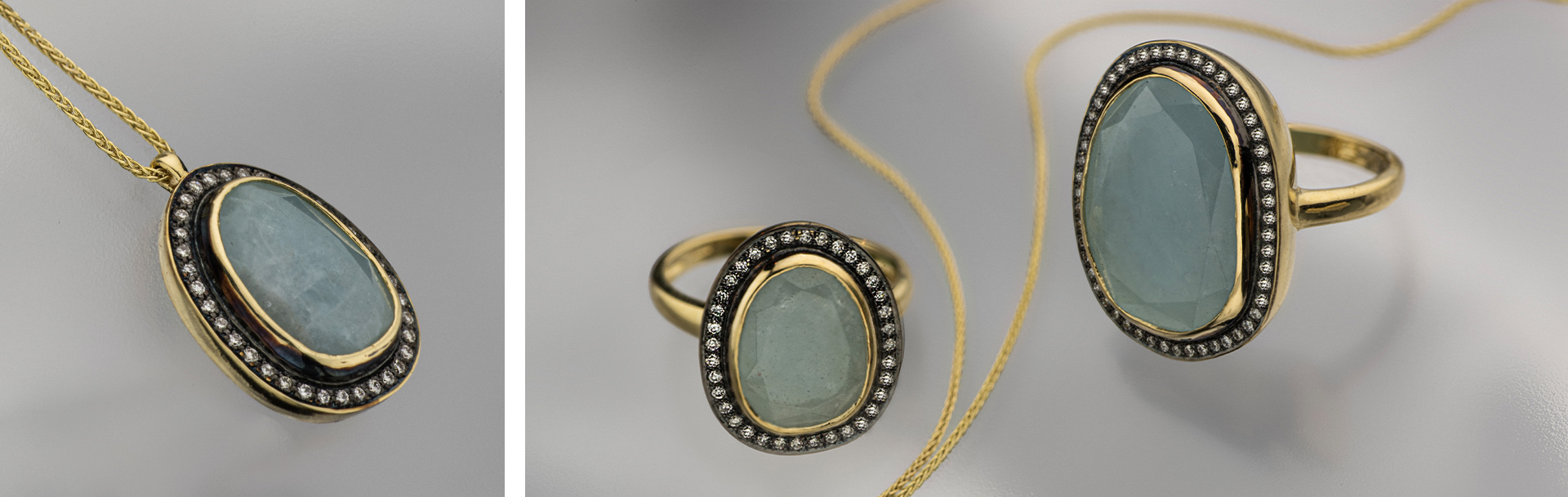 14K Gold Jewelry with Milky Aquamarine and Diamonds