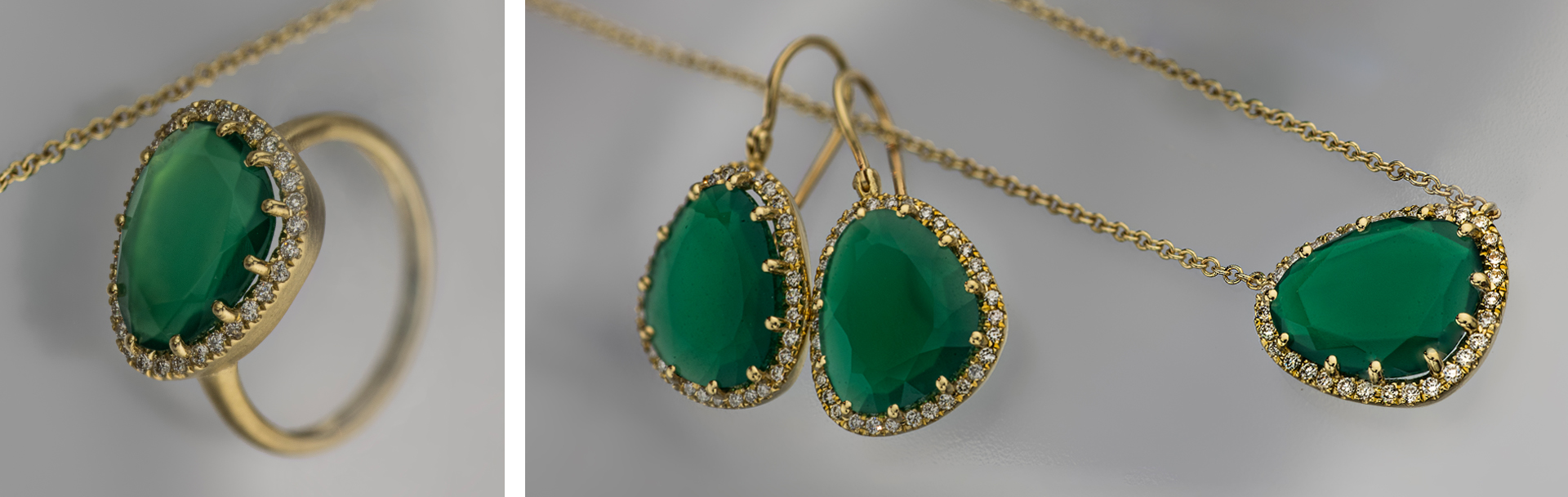 14K Gold Jewelry with Green Onyx and Diamonds