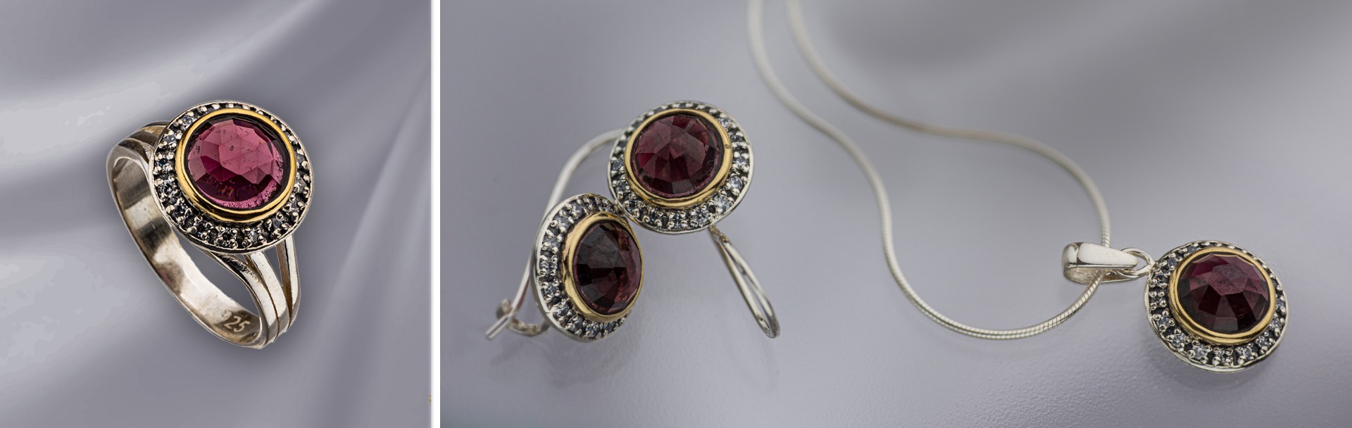 925 Sterling Silver & 9K Gold Jewelry set with Garnet and Zircons