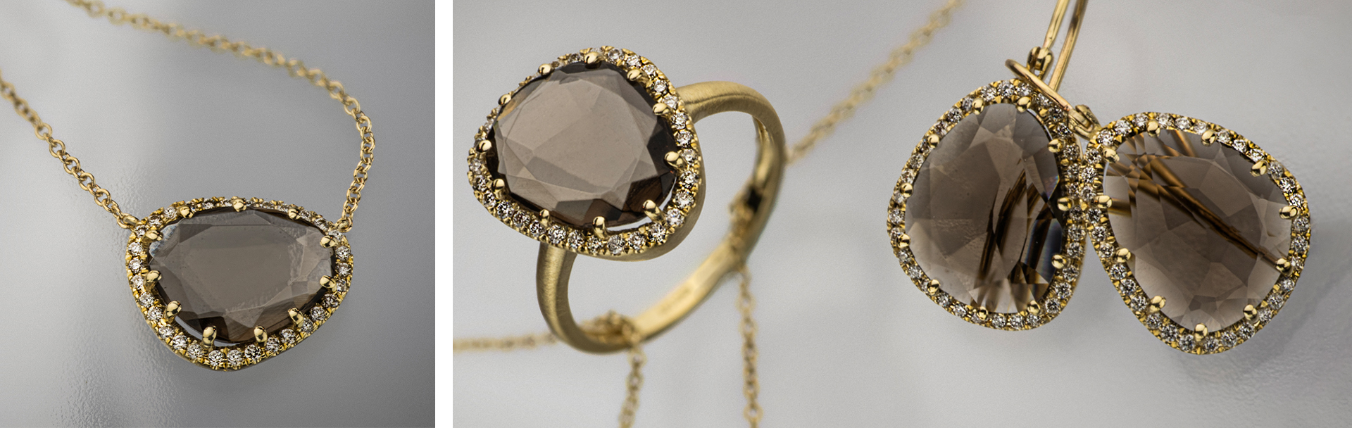 14K Gold Jewelry with Smoky Quartz and Diamonds