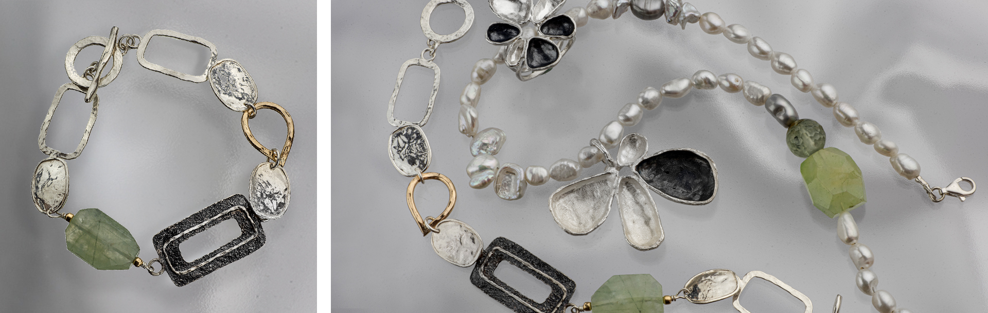 White, Oxidized & Goldfield Silver Jewelry with Prehnite
